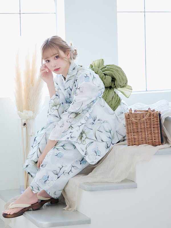 画像10: 【即日発送】水墨風イエロー×ブルー牡丹浴衣 浴衣/帯/飾り紐/下駄4点セット[YMT]