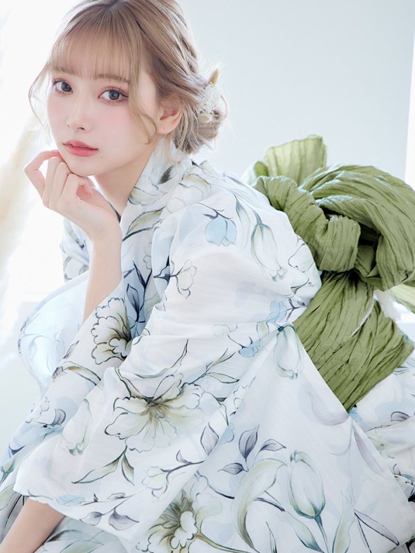 画像13: 【即日発送】水墨風イエロー×ブルー牡丹浴衣 浴衣/帯/飾り紐/下駄4点セット[YMT]