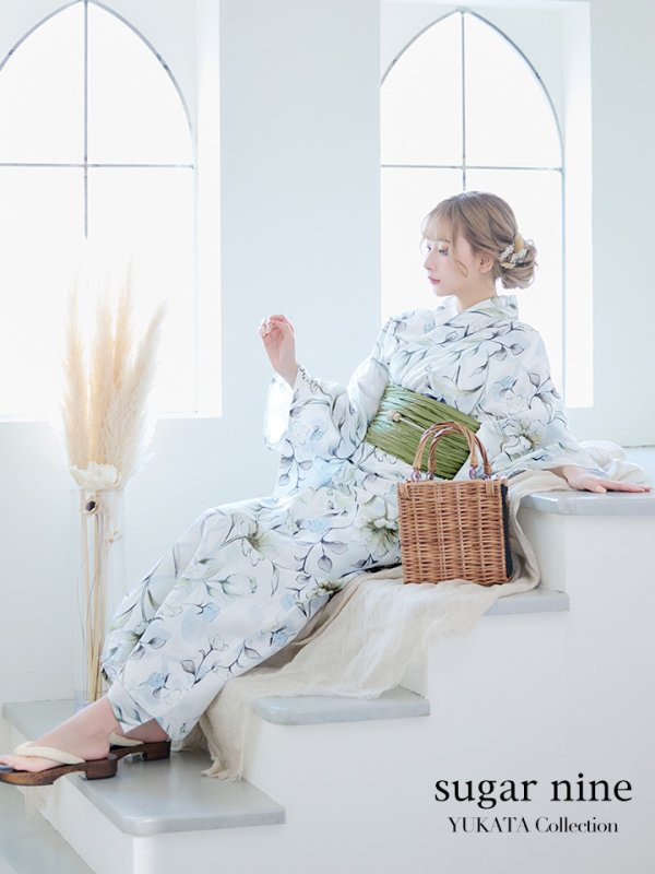 画像2: 水墨風イエロー×ブルー牡丹浴衣  (浴衣/帯/飾り紐/下駄4点セット)  OBI-siwa-202-ok-12-GR / KZH-3 / YA-1081-kj-BR / HEKO-800-sb-5-W / GETA-03-ok-4-IV [YMT]