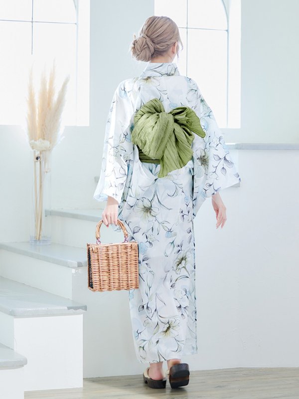 画像8: 【即日発送】水墨風イエロー×ブルー牡丹浴衣 浴衣/帯/飾り紐/下駄4点セット[YMT]