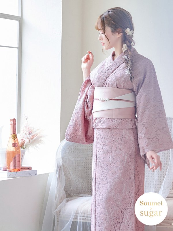 画像3: 【即日発送】ダスティピンクのレース浴衣【浴衣３点セット 浴衣/帯/下駄】[YMT]