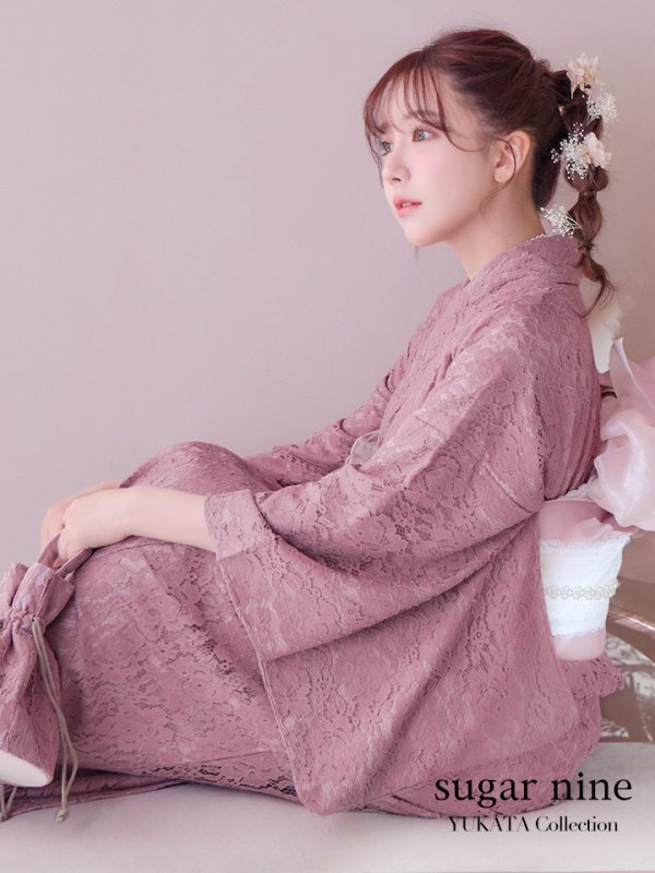 画像3: 【即日発送】ダスティピンクのレース浴衣【浴衣３点セット 浴衣/帯/下駄】[YMT]