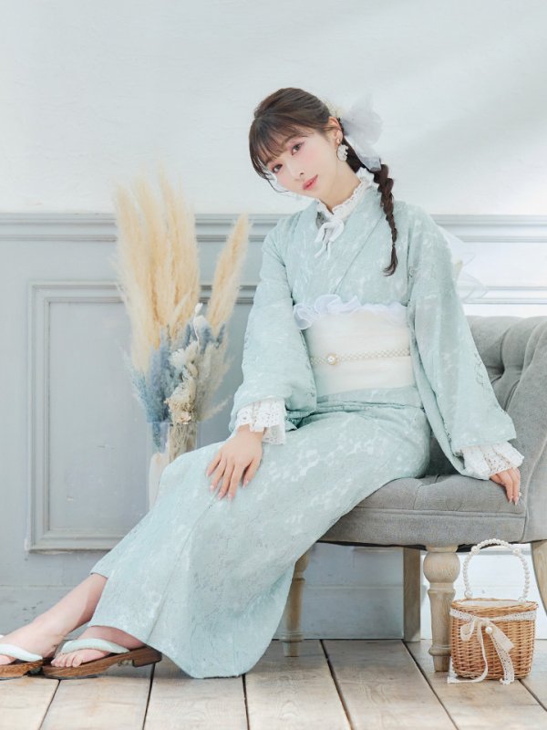 画像10: 【即日発送】ダスティーミントのレース浴衣【浴衣３点セット 浴衣/帯/下駄】[YMT]