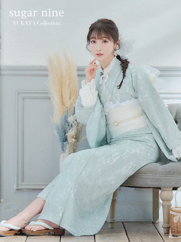 画像3: 【即日発送】ダスティーミントのレース浴衣【浴衣３点セット 浴衣/帯/下駄】[YMT]