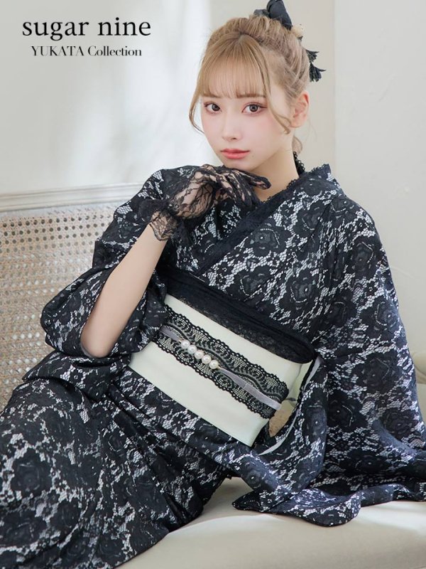 画像3: 【即日発送】ブラックレース浴衣 【浴衣３点セット 浴衣/帯/下駄】[YMT]