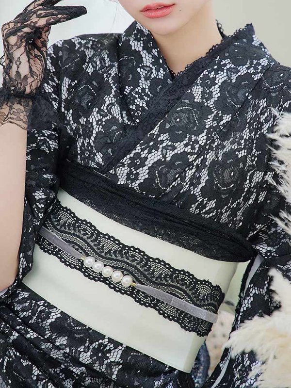 画像5: 【即日発送】ブラックレース浴衣 【浴衣３点セット 浴衣/帯/下駄】[YMT]