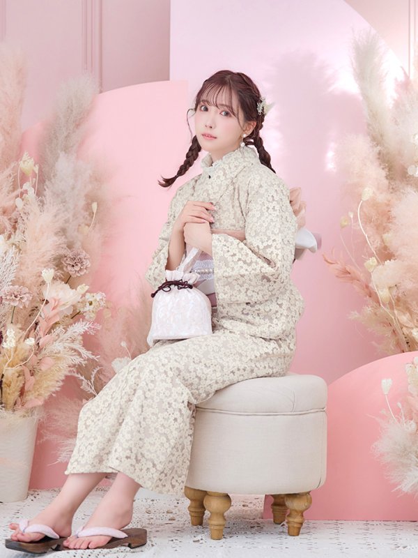 画像9: 【即日発送】くすみピンク地x小花レース浴衣 【浴衣３点セット 浴衣/帯/下駄】[YMT]