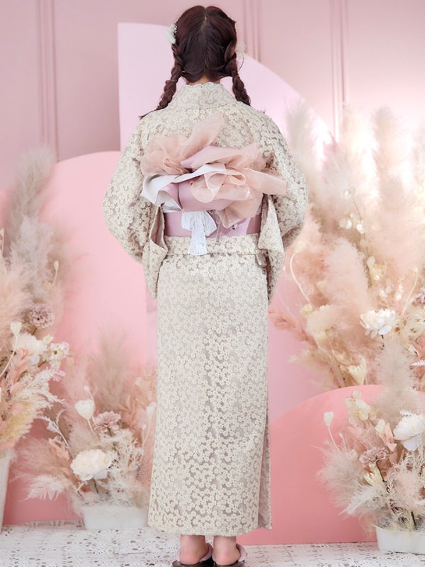 画像7: 【即日発送】くすみピンク地x小花レース浴衣 【浴衣３点セット 浴衣/帯/下駄】[YMT]