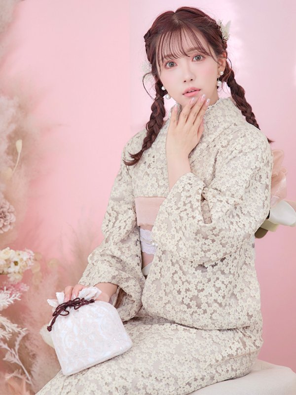 画像8: 【即日発送】くすみピンク地x小花レース浴衣 【浴衣３点セット 浴衣/帯/下駄】[YMT]