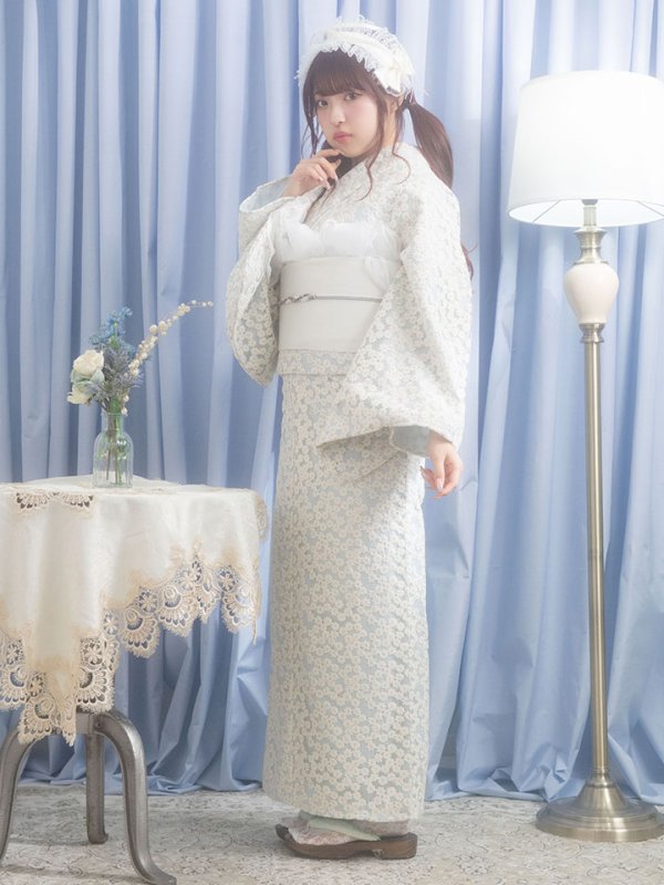 画像4: 【浴衣セール！】【即日発送】【浴衣】くすみブルー地x小花レース浴衣 【浴衣３点セット 浴衣/帯/下駄】[YMT]