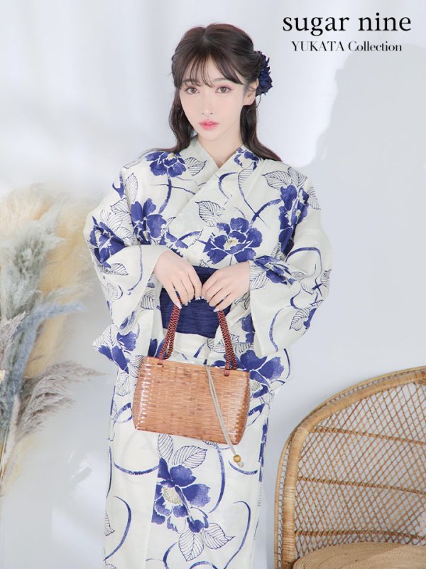 画像2: 【予約商品/5月中旬発送予定】水彩椿の綺麗系浴衣 OBI-siwa-200-kj-12-DKBL / HIMO-900-yn-4-GYxGY / YA-947-kj-BL / HEKO-800-sb-5-W / GETA-02-ok-3-LBL /yo  [YMT]