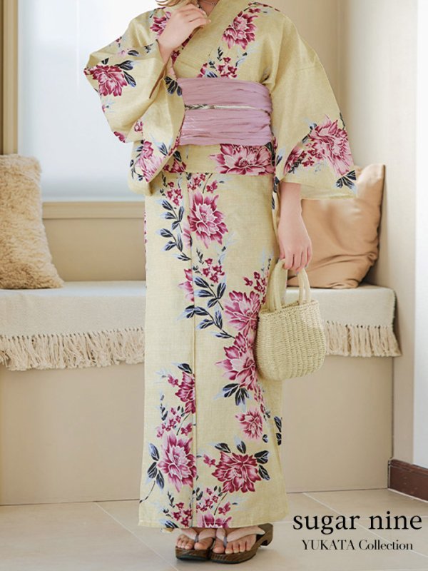 画像1: 【浴衣】イエロー地xピンク牡丹浴衣  OBI-siwa-200-kj-8-P / HIMO-900-yn-3-GYxGD / YA-940-kj-GYPL / HEKO-800-sb-5-W / GETA-02-ok-6-PL [YMT]