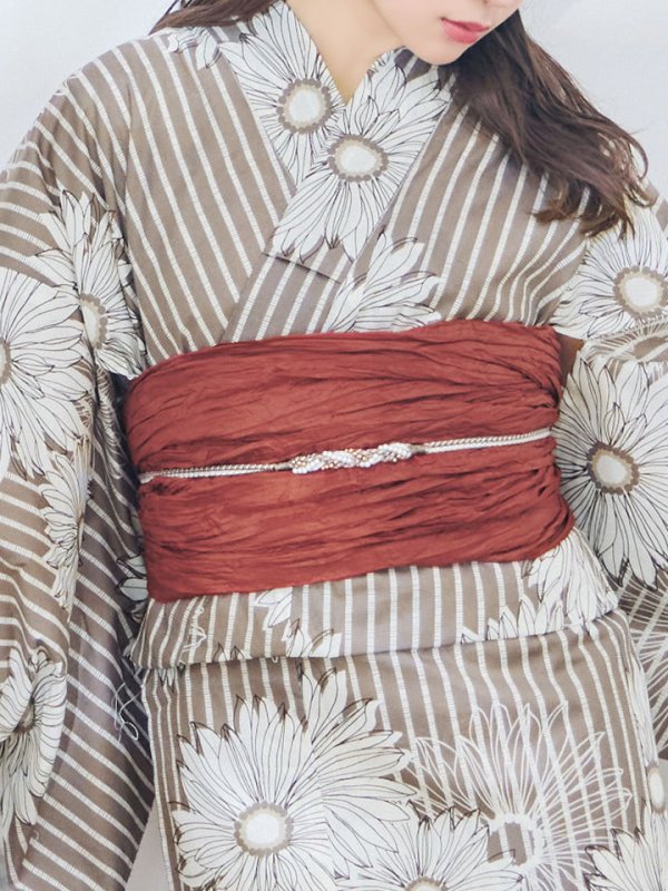 画像5: 【即日発送】ブラウンストライプにガーベラ花浴衣 【浴衣３点セット 浴衣/帯/下駄】[YMT]