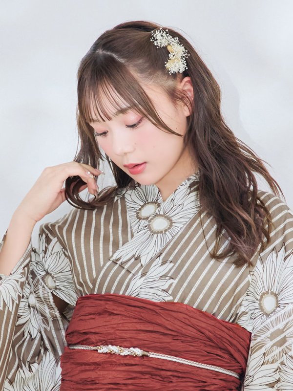 画像6: 【即日発送】ブラウンストライプにガーベラ花浴衣 【浴衣３点セット 浴衣/帯/下駄】[YMT]