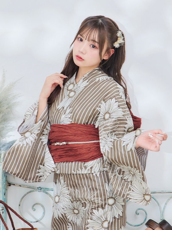 画像9: 【即日発送】ブラウンストライプにガーベラ花浴衣 【浴衣３点セット 浴衣/帯/下駄】[YMT]