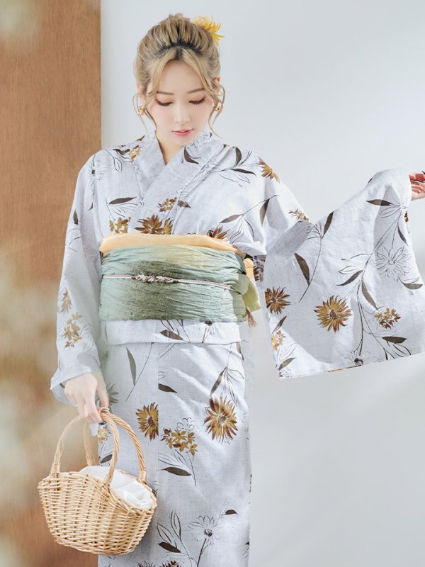 画像7: 【即日発送】グレー地×マーガレット浴衣【浴衣３点セット 浴衣/帯/下駄】[YMT]