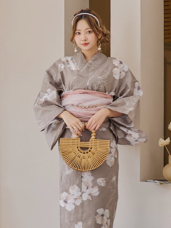 画像16: 【即日発送】グレージュ線画フラワー浴衣【浴衣３点セット 浴衣/帯/下駄】[YMT]