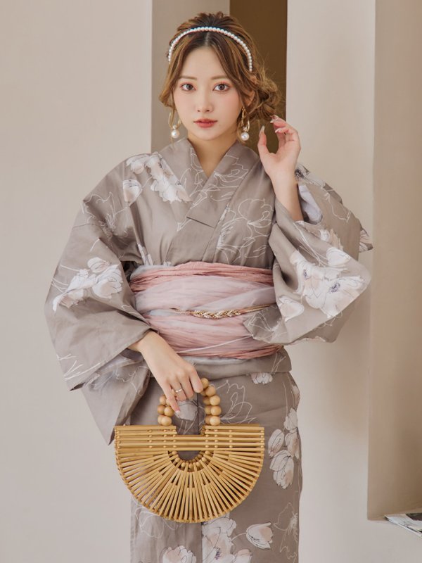 画像3: 【即日発送】グレージュ線画フラワー浴衣【浴衣３点セット 浴衣/帯/下駄】[YMT]