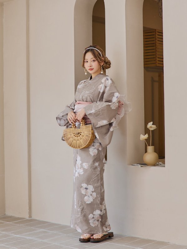 画像5: 【即日発送】グレージュ線画フラワー浴衣【浴衣３点セット 浴衣/帯/下駄】[YMT]