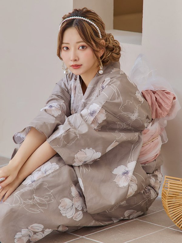 画像8: 【即日発送】グレージュ線画フラワー浴衣【浴衣３点セット 浴衣/帯/下駄】[YMT]