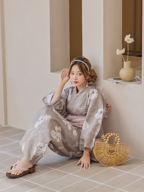 画像9: 【即日発送】グレージュ線画フラワー浴衣【浴衣３点セット 浴衣/帯/下駄】[YMT]