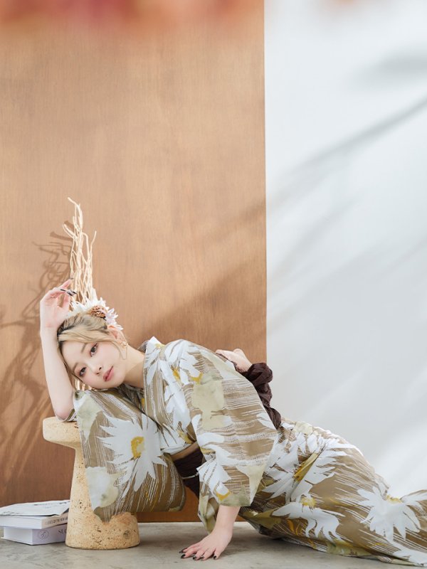 画像15: 【浴衣セール！】【即日発送】大人グリーンベージュフラワー浴衣【浴衣３点セット 浴衣/帯/下駄】[YMT]