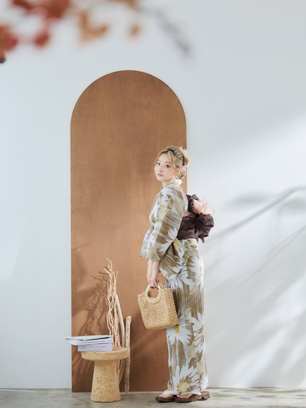 画像5: 【浴衣セール！】【即日発送】大人グリーンベージュフラワー浴衣【浴衣３点セット 浴衣/帯/下駄】[YMT]