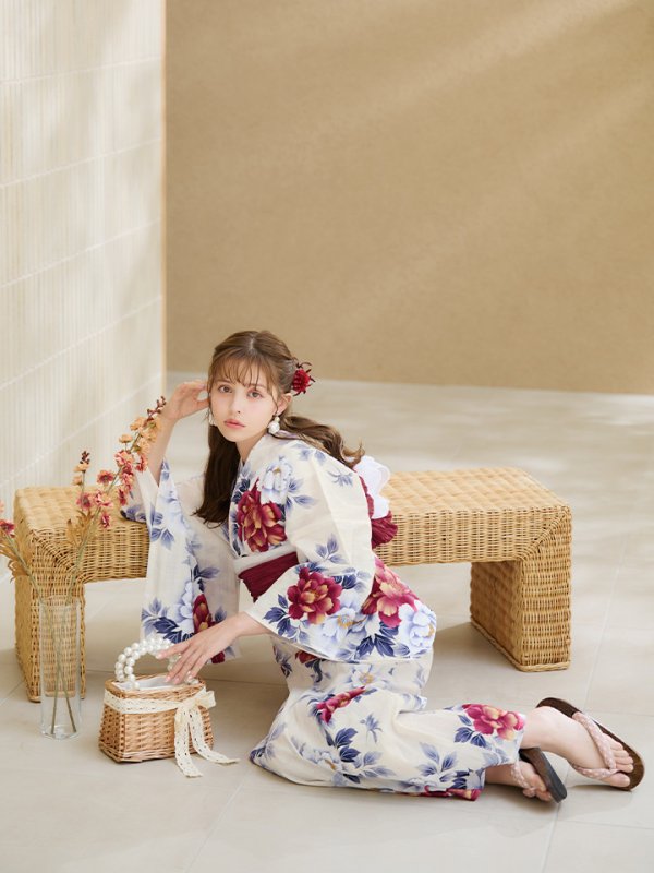 画像16: 【即日発送】ホワイト×レッド牡丹浴衣【浴衣３点セット 浴衣/帯/下駄】[OF04]