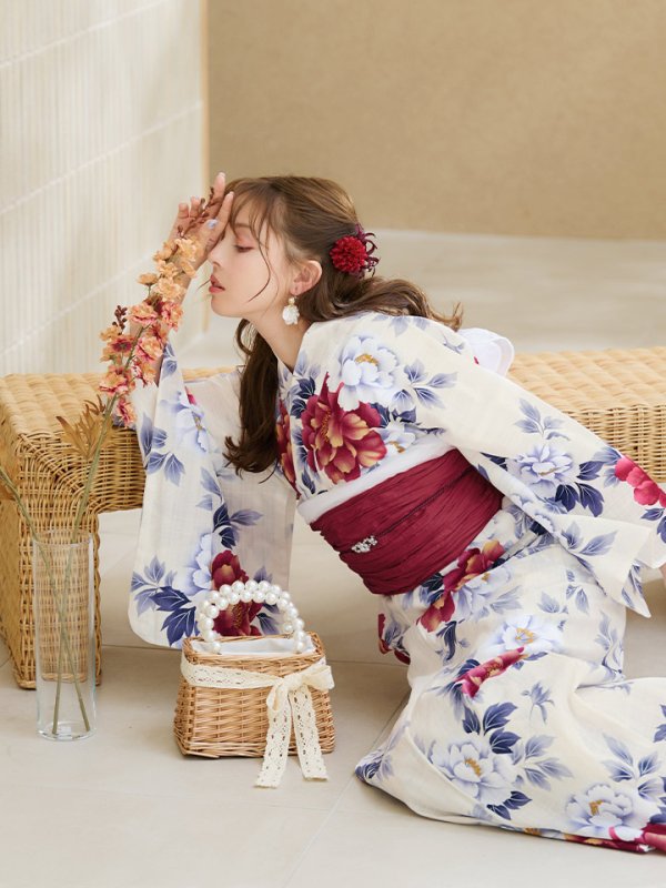 画像18: 【即日発送】ホワイト×レッド牡丹浴衣【浴衣３点セット 浴衣/帯/下駄】[OF04]