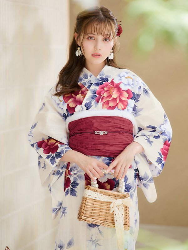 画像2: 【即日発送】ホワイト×レッド牡丹浴衣【浴衣３点セット 浴衣/帯/下駄】OBI-siwa-202-ok-10-R / HIMO-902-kj-5-RosePK / HEKO-800-sb-5-WH / YA-72-kn-R / GETA-02-ok-7-R/ [YMT]