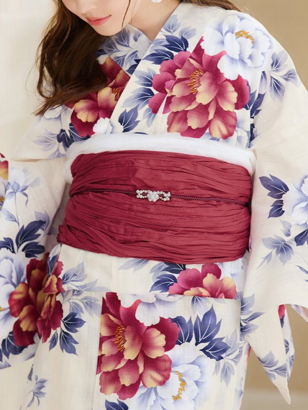 画像24: 【即日発送】ホワイト×レッド牡丹浴衣【浴衣３点セット 浴衣/帯/下駄】[OF04]