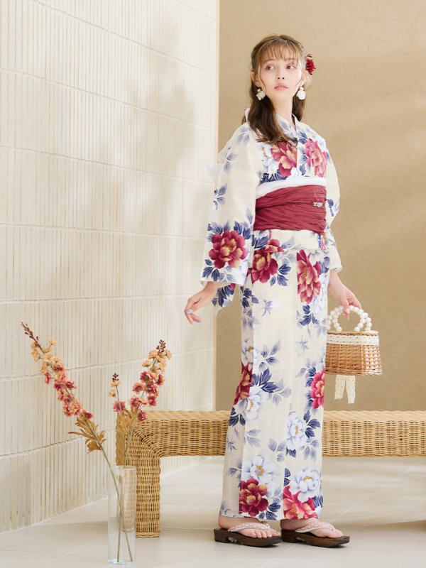 画像3: 【即日発送】ホワイト×レッド牡丹浴衣【浴衣３点セット 浴衣/帯/下駄】[OF04]