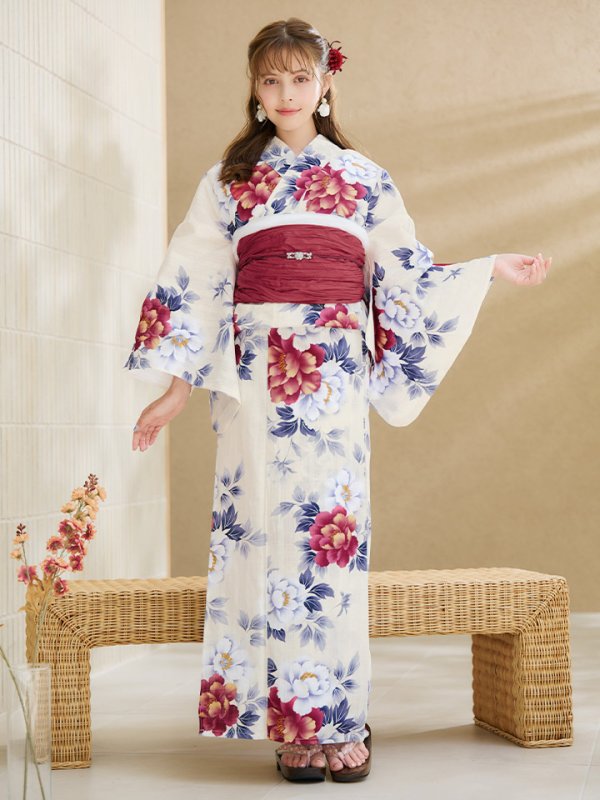 画像4: 【即日発送】ホワイト×レッド牡丹浴衣【浴衣３点セット 浴衣/帯/下駄】[OF04]
