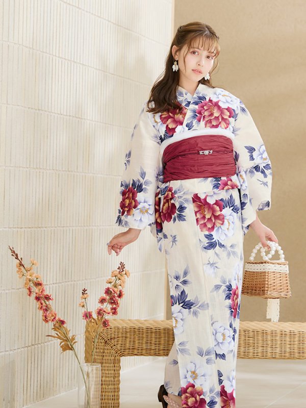 画像9: 【即日発送】ホワイト×レッド牡丹浴衣【浴衣３点セット 浴衣/帯/下駄】[OF04]