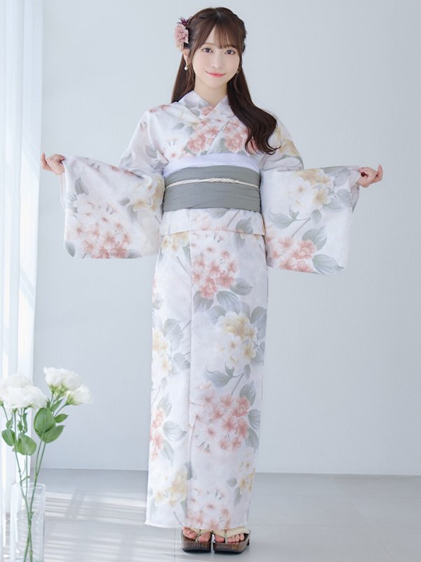 画像4: 【浴衣セール！】【即日発送】ホワイトベージュ紫陽花浴衣【浴衣３点セット 浴衣/帯/下駄】[YMT]