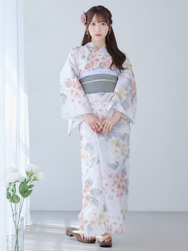 画像5: 【浴衣セール！】【即日発送】ホワイトベージュ紫陽花浴衣【浴衣３点セット 浴衣/帯/下駄】[YMT]