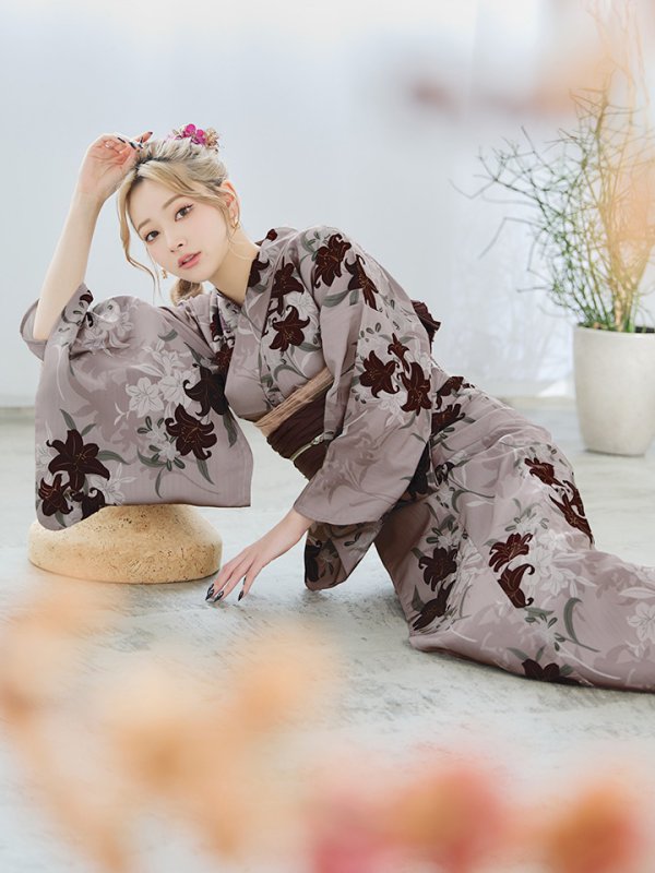 画像13: 【即日発送】ブラウンパープルリリー浴衣【浴衣３点セット 浴衣/帯/下駄】[YMT]