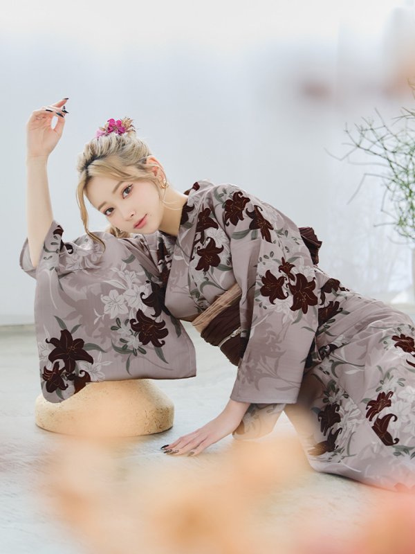 画像14: 【即日発送】ブラウンパープルリリー浴衣【浴衣３点セット 浴衣/帯/下駄】[YMT]