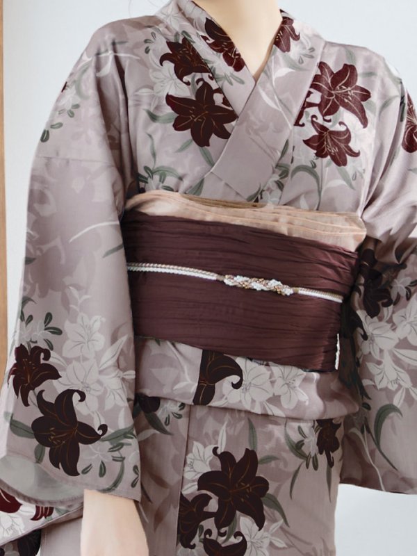 画像19: 【即日発送】ブラウンパープルリリー浴衣【浴衣３点セット 浴衣/帯/下駄】[YMT]