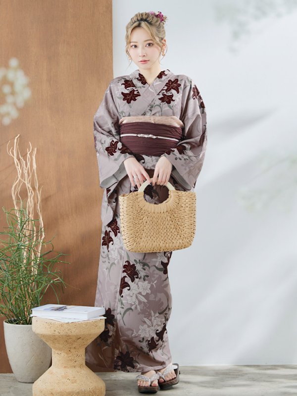 画像4: 【即日発送】ブラウンパープルリリー浴衣【浴衣３点セット 浴衣/帯/下駄】[YMT]