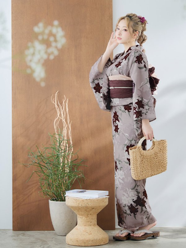 画像5: 【即日発送】ブラウンパープルリリー浴衣【浴衣３点セット 浴衣/帯/下駄】[YMT]