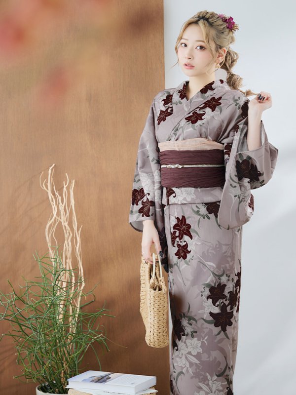 画像9: 【即日発送】ブラウンパープルリリー浴衣【浴衣３点セット 浴衣/帯/下駄】[YMT]