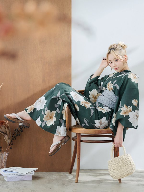 画像12: 【即日発送】ディープグリーン×イエローフラワー浴衣【浴衣３点セット 浴衣/帯/下駄】[YMT]