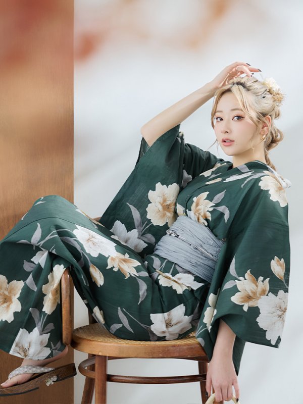 画像15: 【即日発送】ディープグリーン×イエローフラワー浴衣【浴衣３点セット 浴衣/帯/下駄】[YMT]