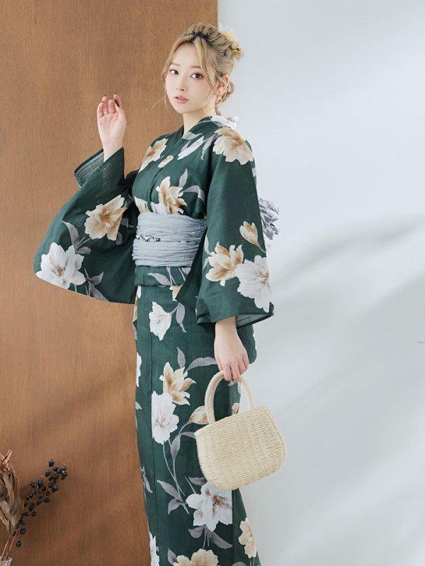 画像3: 【即日発送】ディープグリーン×イエローフラワー浴衣【浴衣３点セット 浴衣/帯/下駄】[YMT]