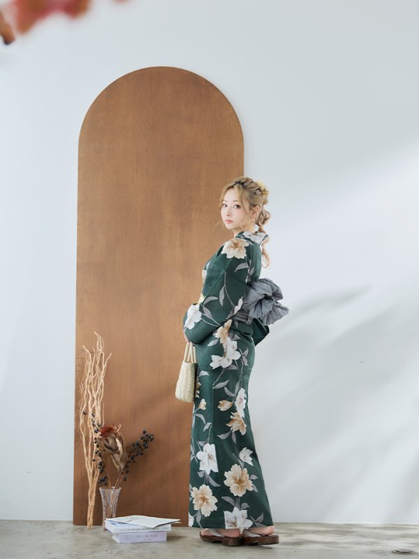 画像8: 【即日発送】ディープグリーン×イエローフラワー浴衣【浴衣３点セット 浴衣/帯/下駄】[YMT]