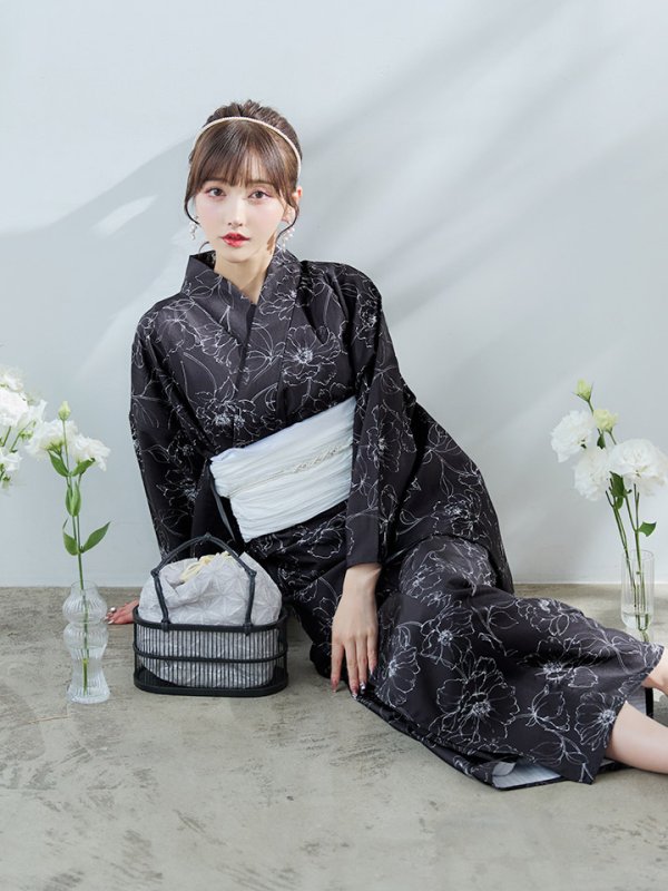 画像11: 【即日発送】ブラック×線画フラワー浴衣【浴衣３点セット 浴衣/帯/下駄】[YMT]