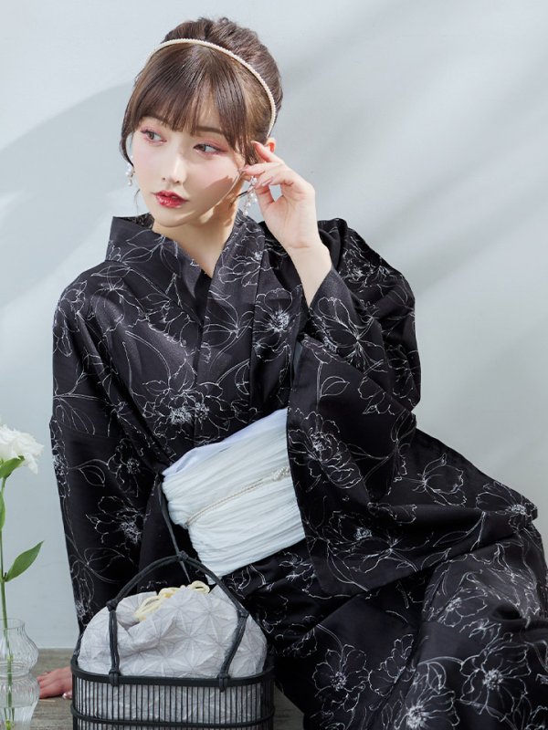 画像12: 【即日発送】ブラック×線画フラワー浴衣【浴衣３点セット 浴衣/帯/下駄】[YMT]