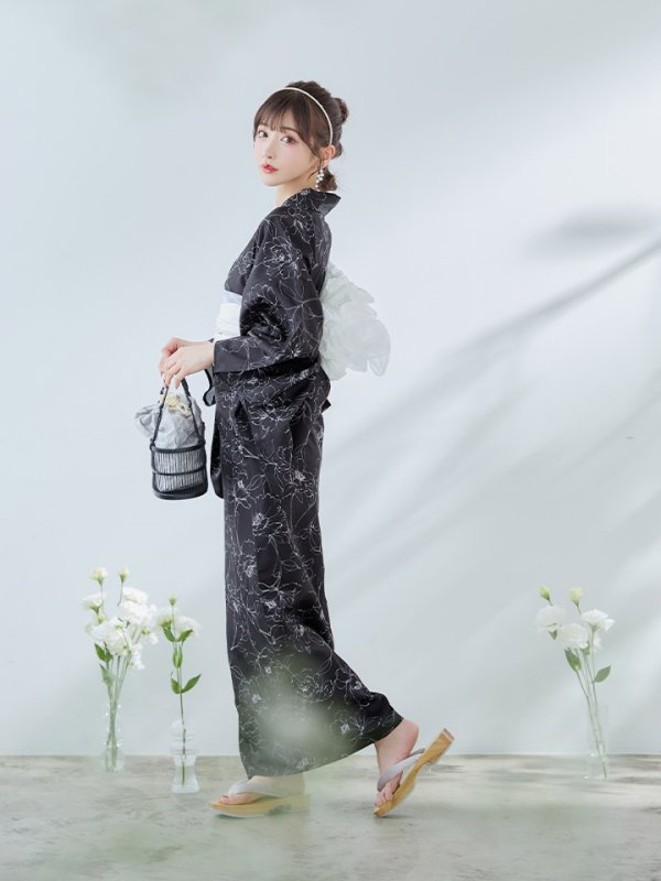 画像13: 【即日発送】ブラック×線画フラワー浴衣【浴衣３点セット 浴衣/帯/下駄】[YMT]