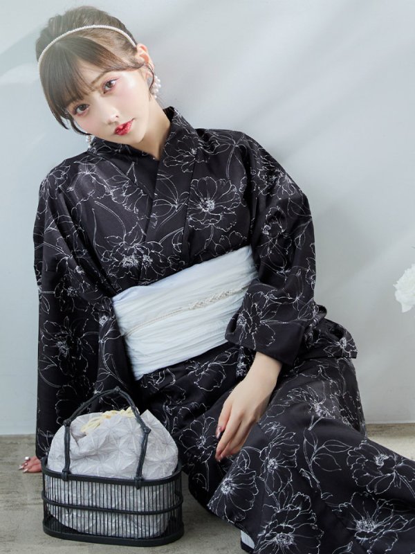 画像14: 【即日発送】ブラック×線画フラワー浴衣【浴衣３点セット 浴衣/帯/下駄】[YMT]